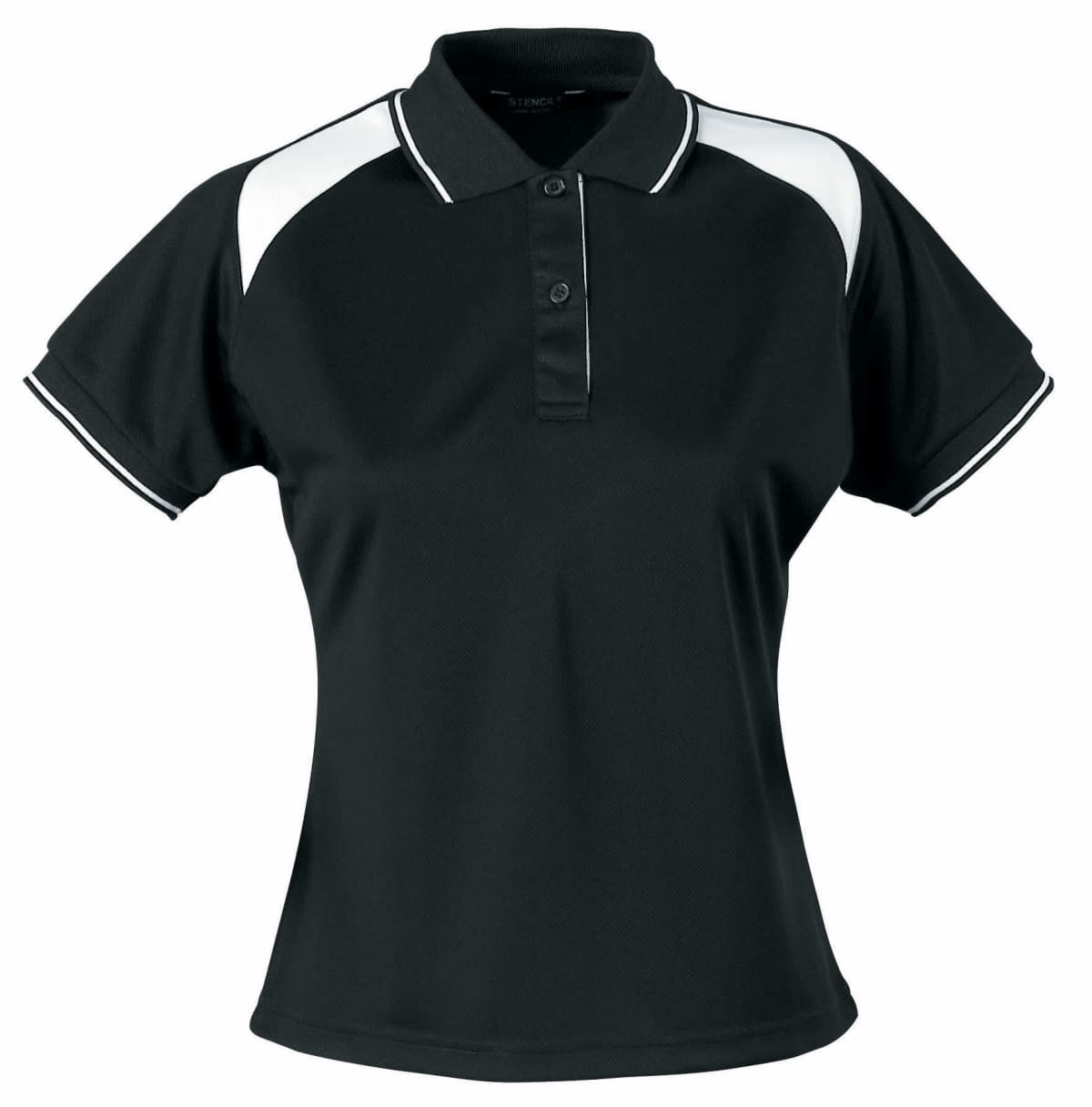 A women's black polo shirt featuring white accents and a collar, with a button-up front and short sleeves.