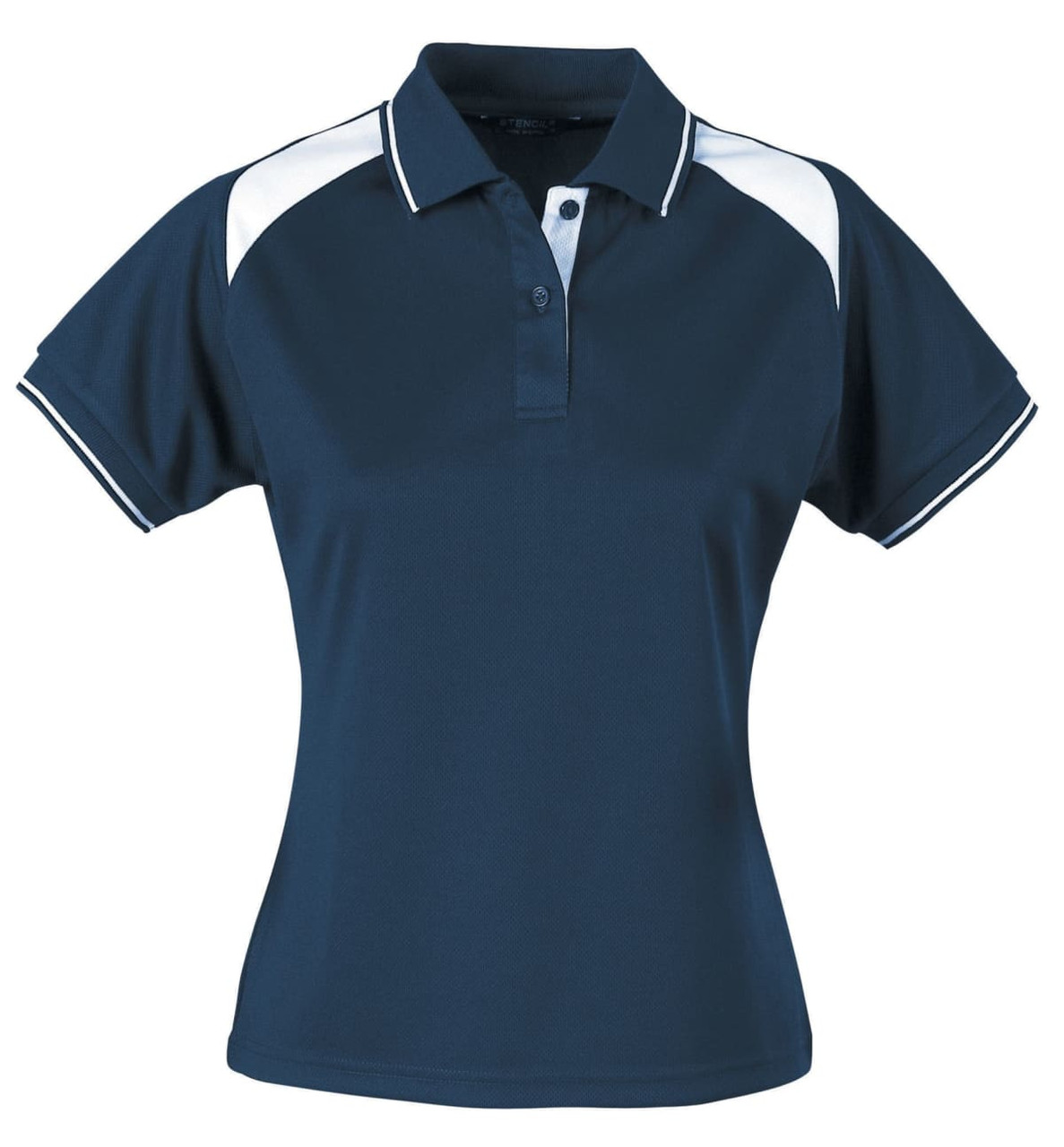 A navy blue ladies' polo shirt with white accents and a collar, featuring a logo on the chest.
