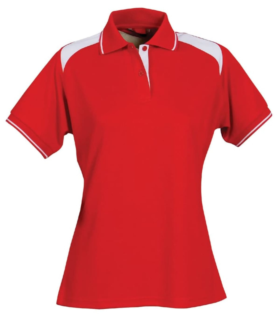 A red polo shirt for ladies featuring white accents and a collar. It has a logo on the chest.