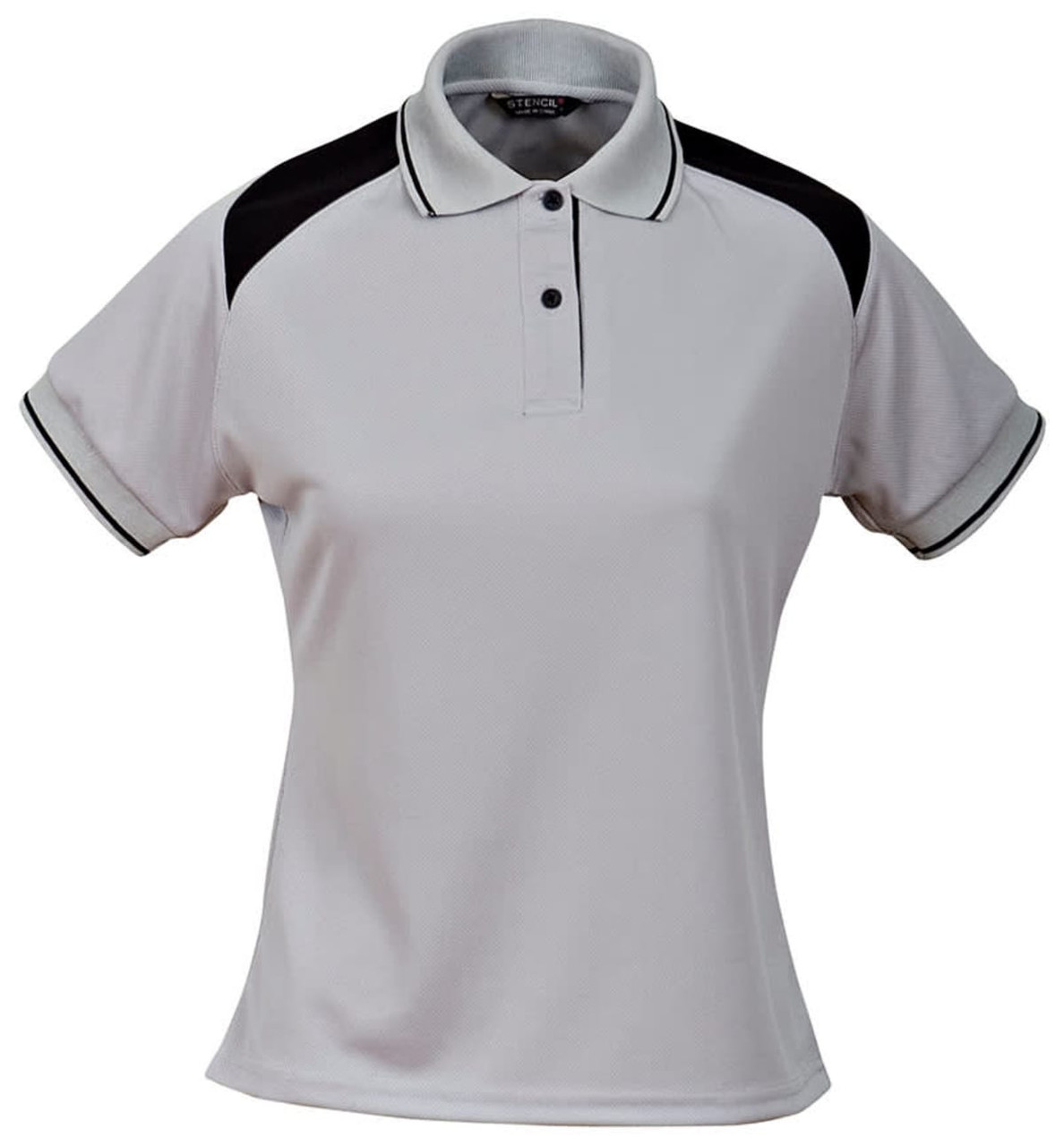 A grey women's polo shirt with black shoulder panels and a collar, featuring a logo on the chest area.
