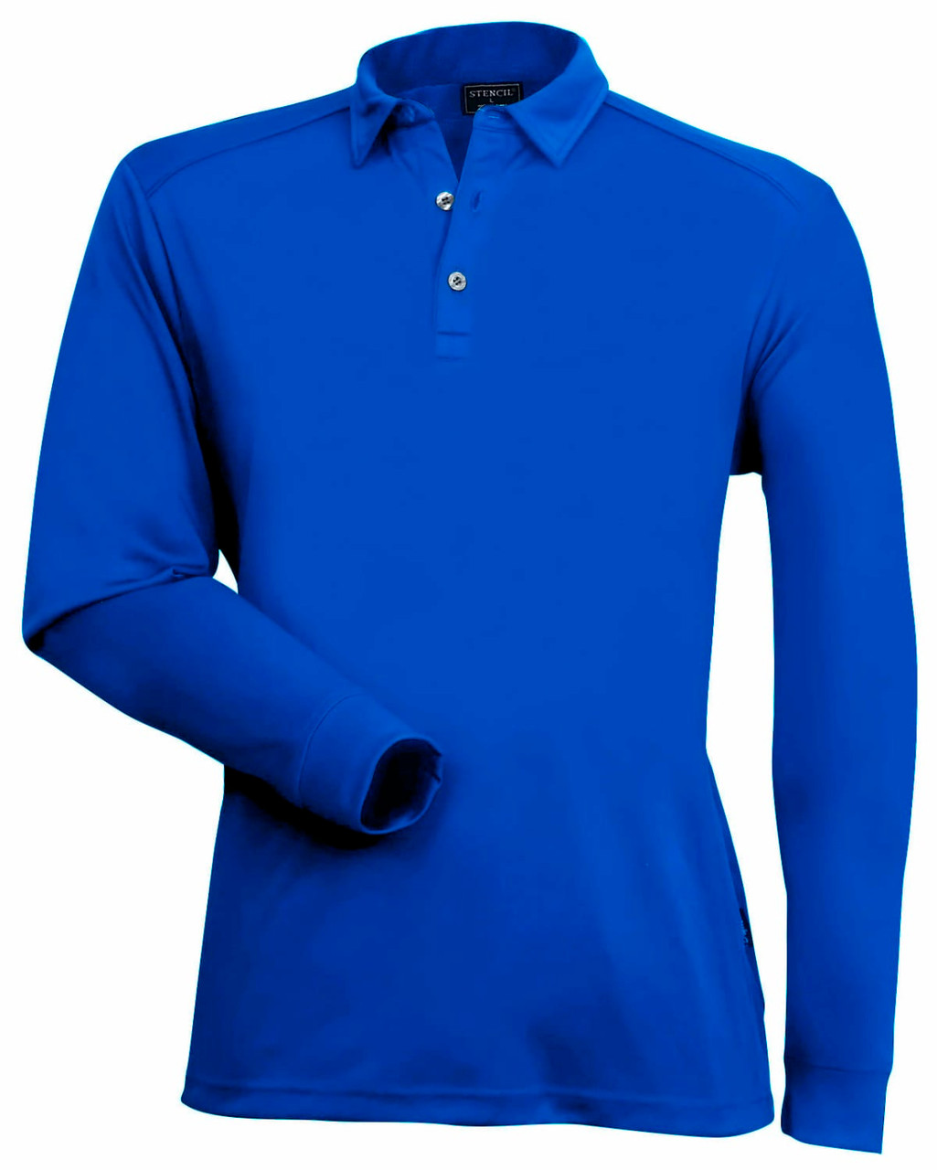 A long-sleeve men's polo shirt in bright blue, featuring a collar and a logo on the chest.