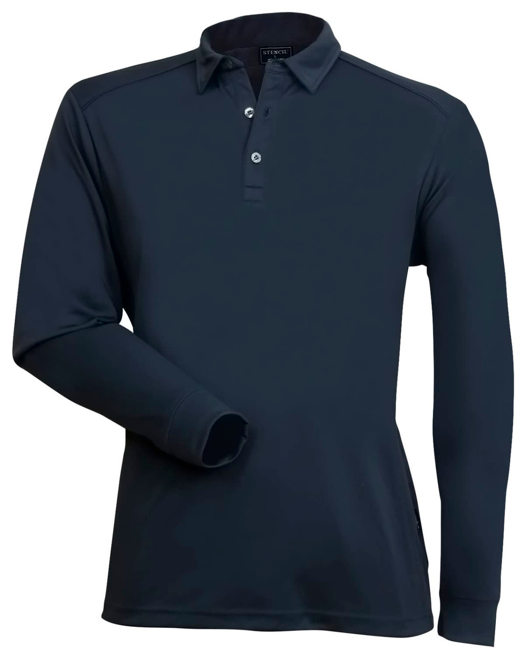 A long-sleeve men's polo shirt in navy blue featuring a collar and three-button placket, with a logo on the chest.
