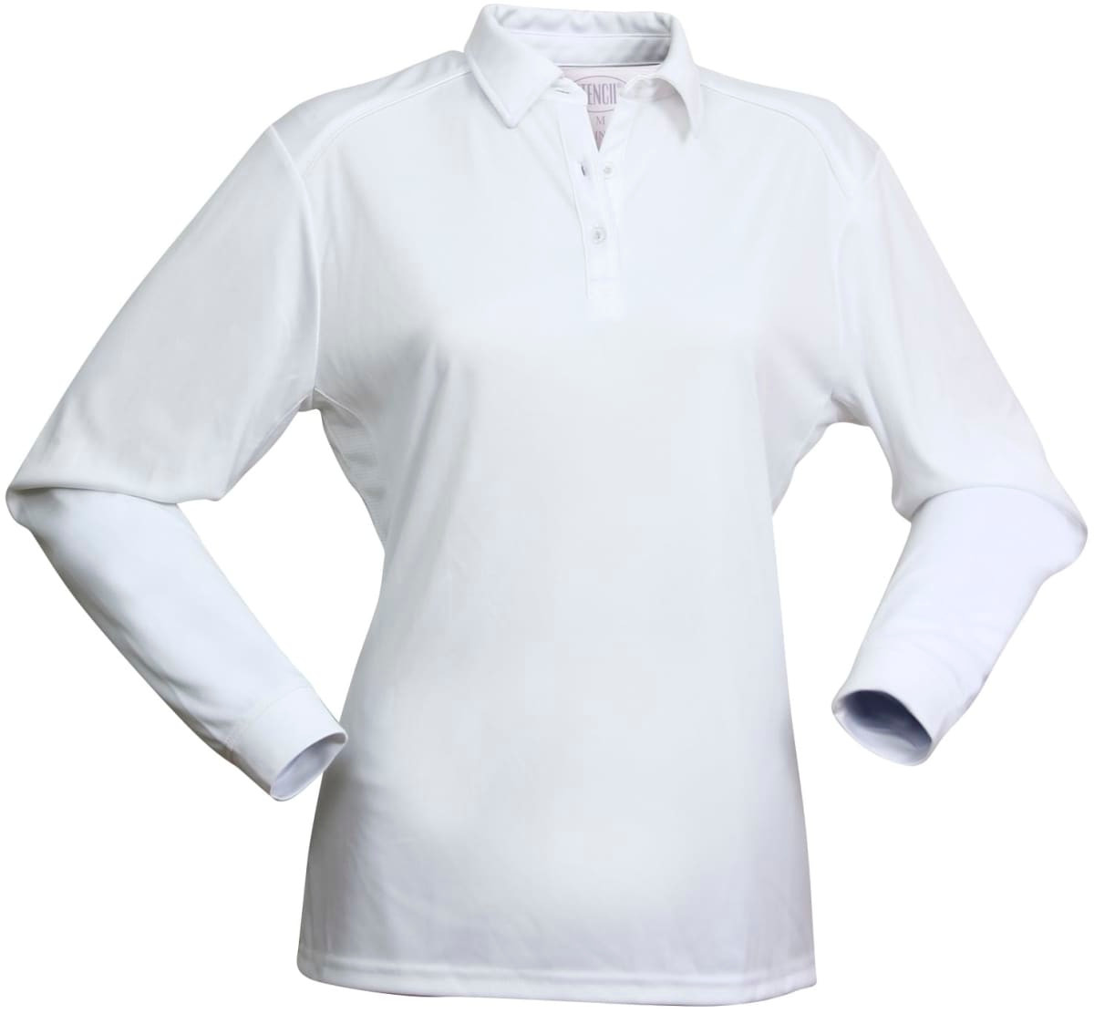 A white long-sleeve ladies' polo shirt with a collar and button placket, featuring a logo on the chest.
