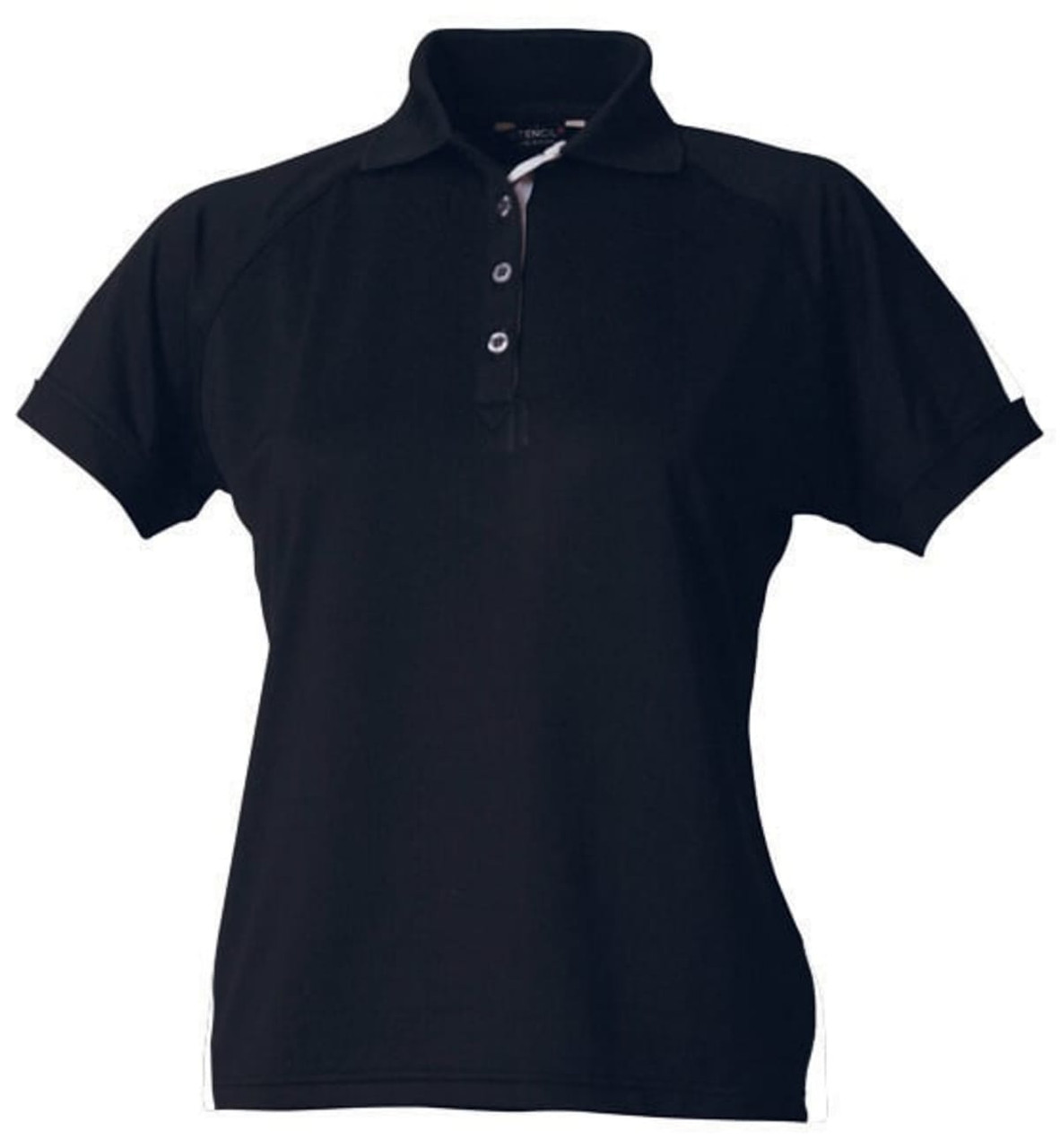 A black ladies' polo shirt featuring a collar and short sleeves, designed with a logo.