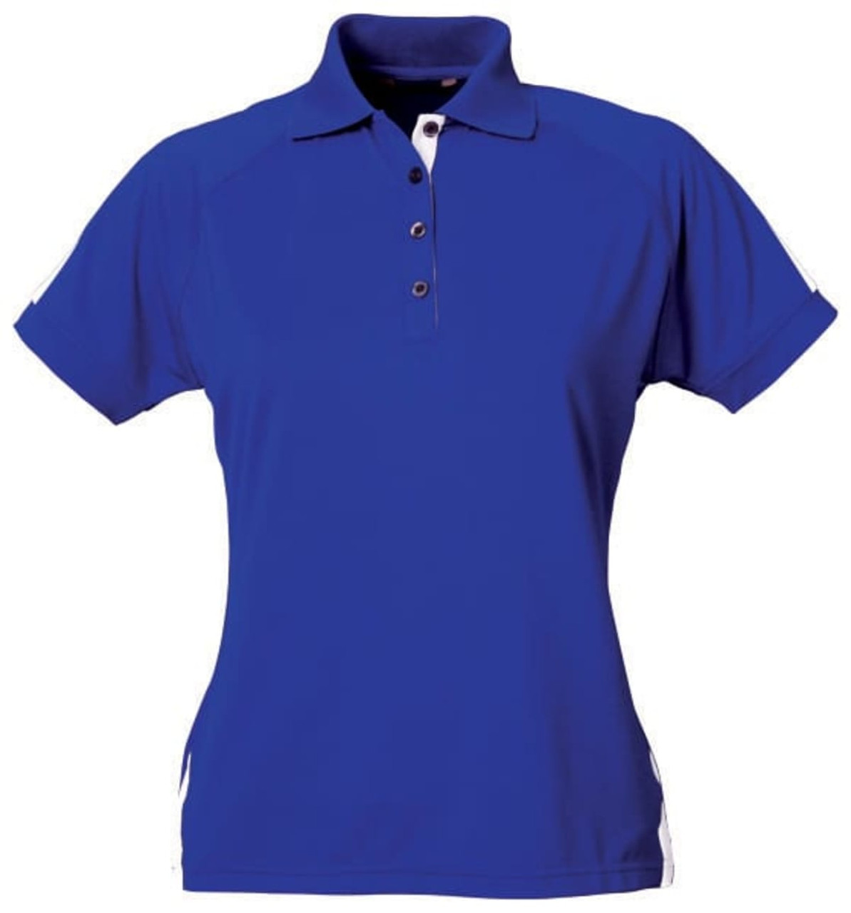 A ladies' polo shirt in blue with short sleeves and a collar, featuring a logo.