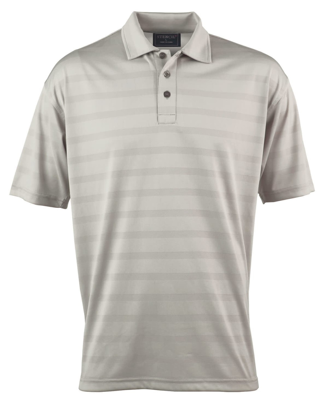A light grey polo shirt with a subtle striped pattern and a three-button placket. It features a logo on the chest.