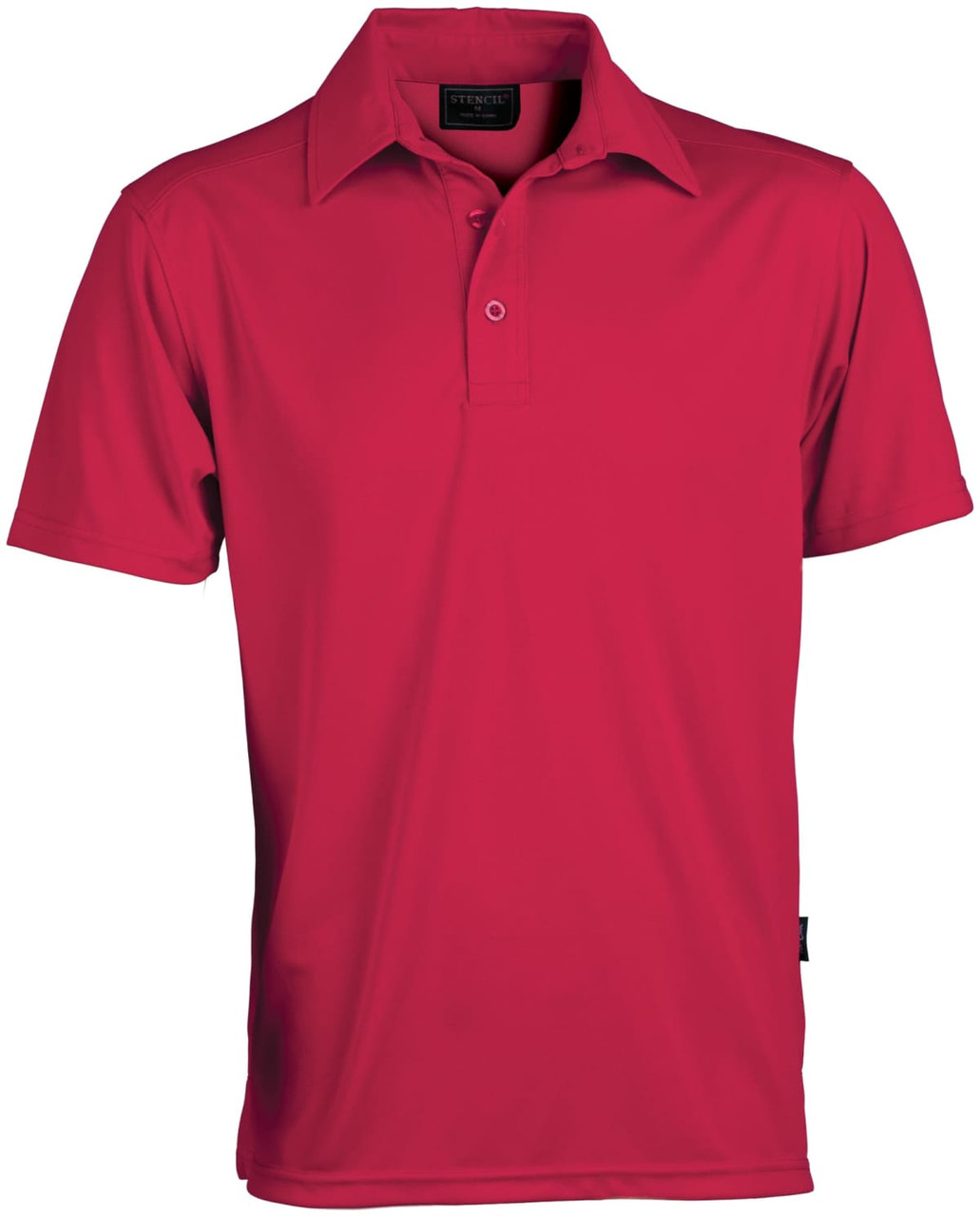 A red polo shirt with a collar, featuring a logo on the chest.