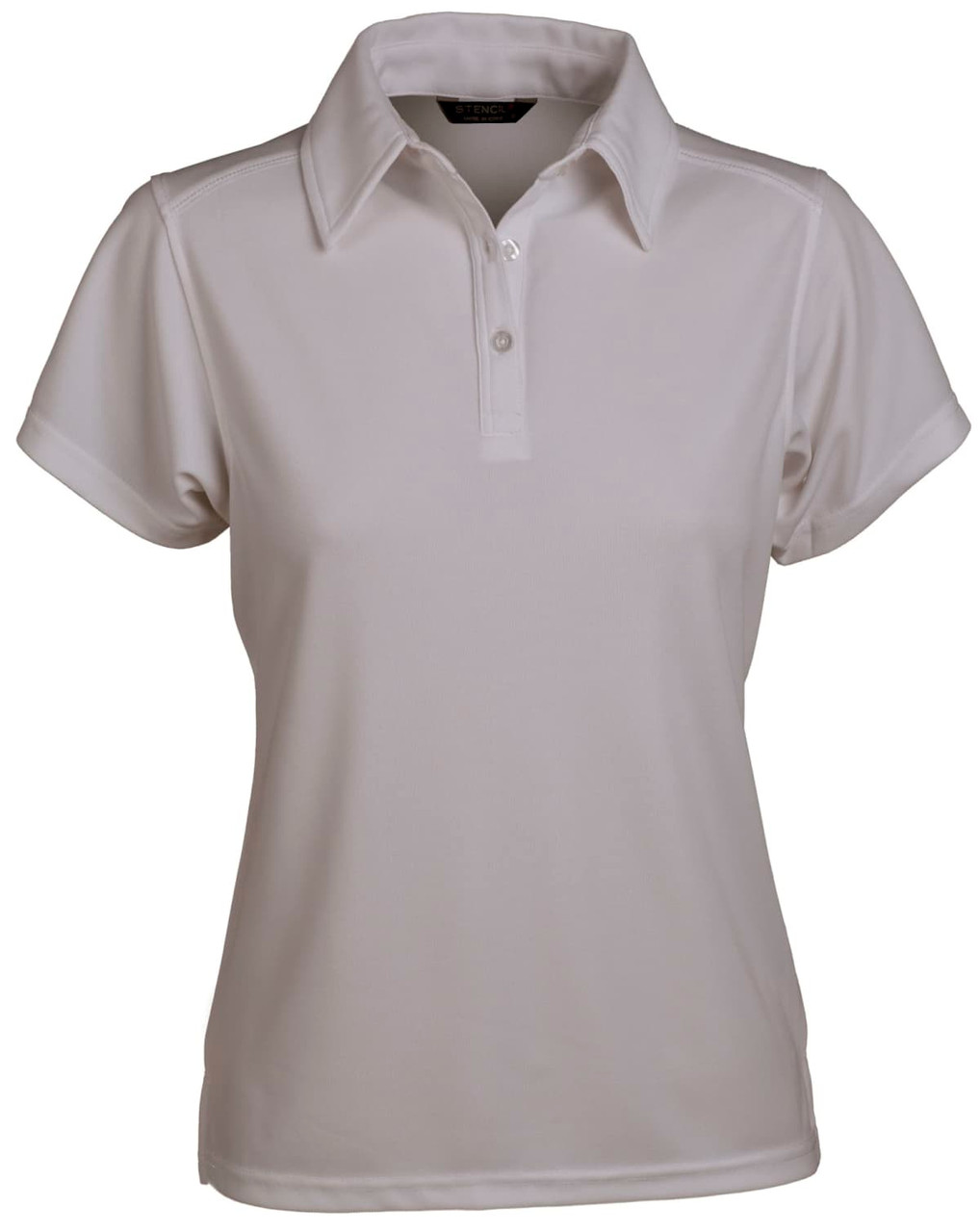 A light beige polo shirt for ladies with a collar, short sleeves, and a logo on the chest.