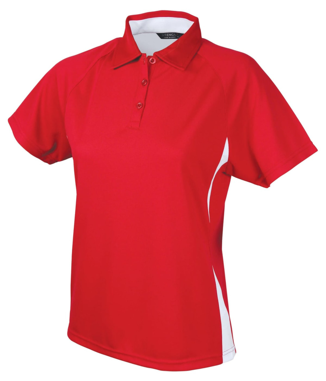 A red polo shirt for ladies with white side panels and a collar, featuring a logo on the chest.