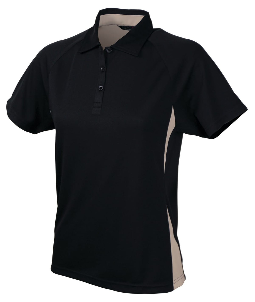 Black and beige ladies' polo shirt with a collar and buttons, featuring an embedded logo.