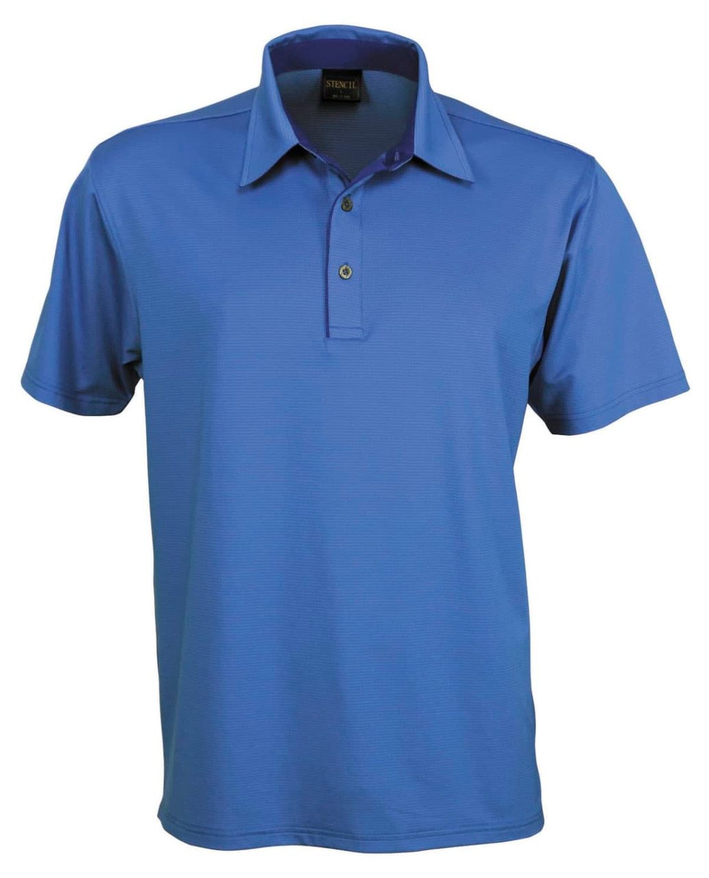 A blue polo shirt with a collar and three buttons, featuring a logo on the chest area.