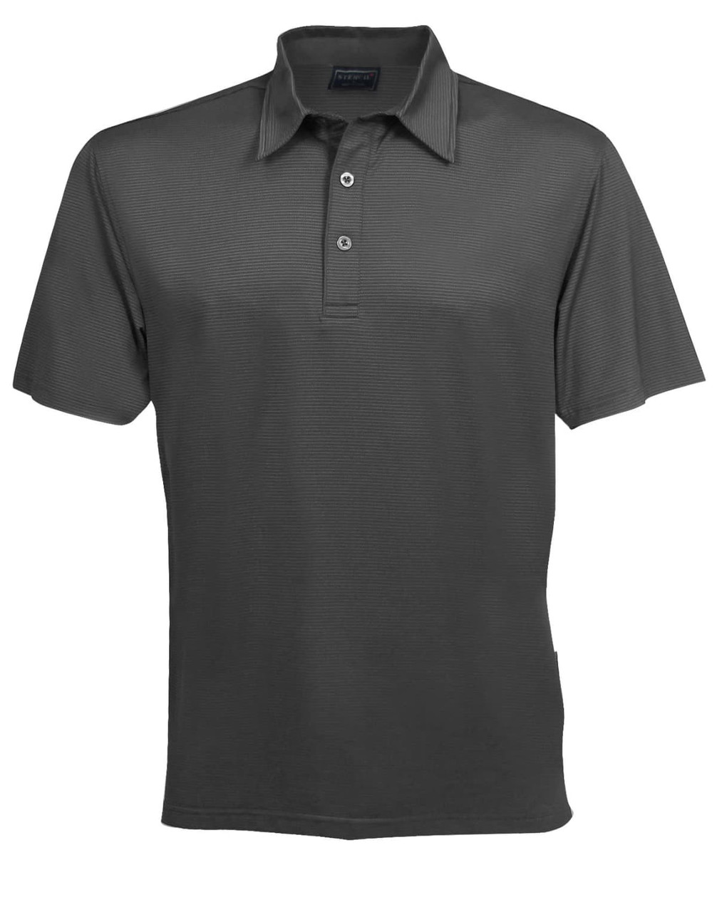 A dark grey polo shirt featuring a collar, three buttons, and a logo on the side.