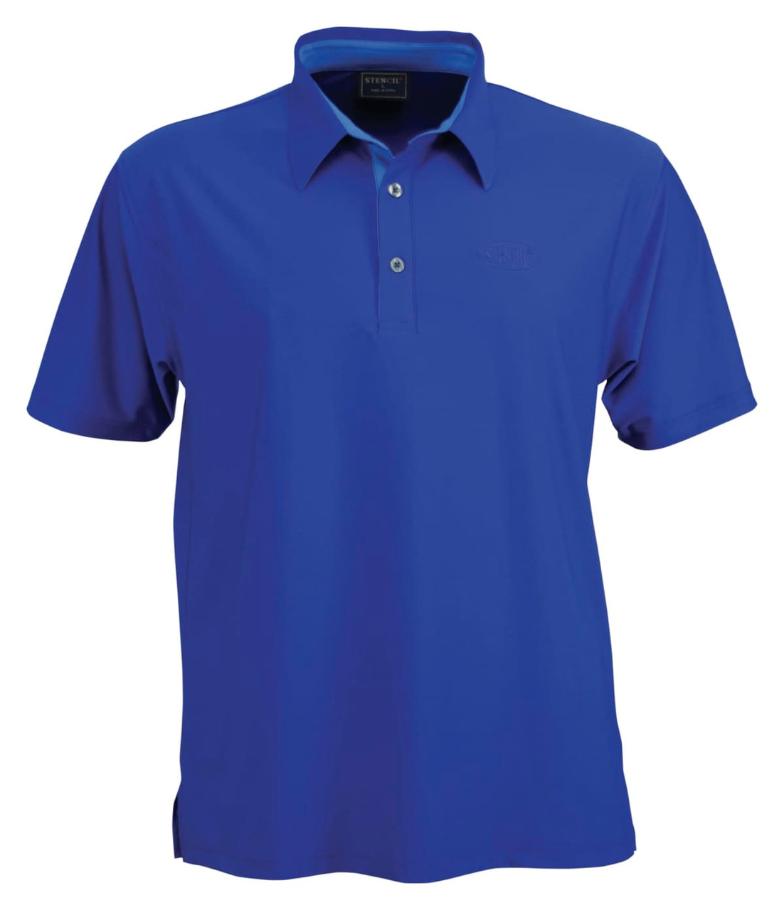 A blue polo shirt with a collar, featuring a logo on the front.