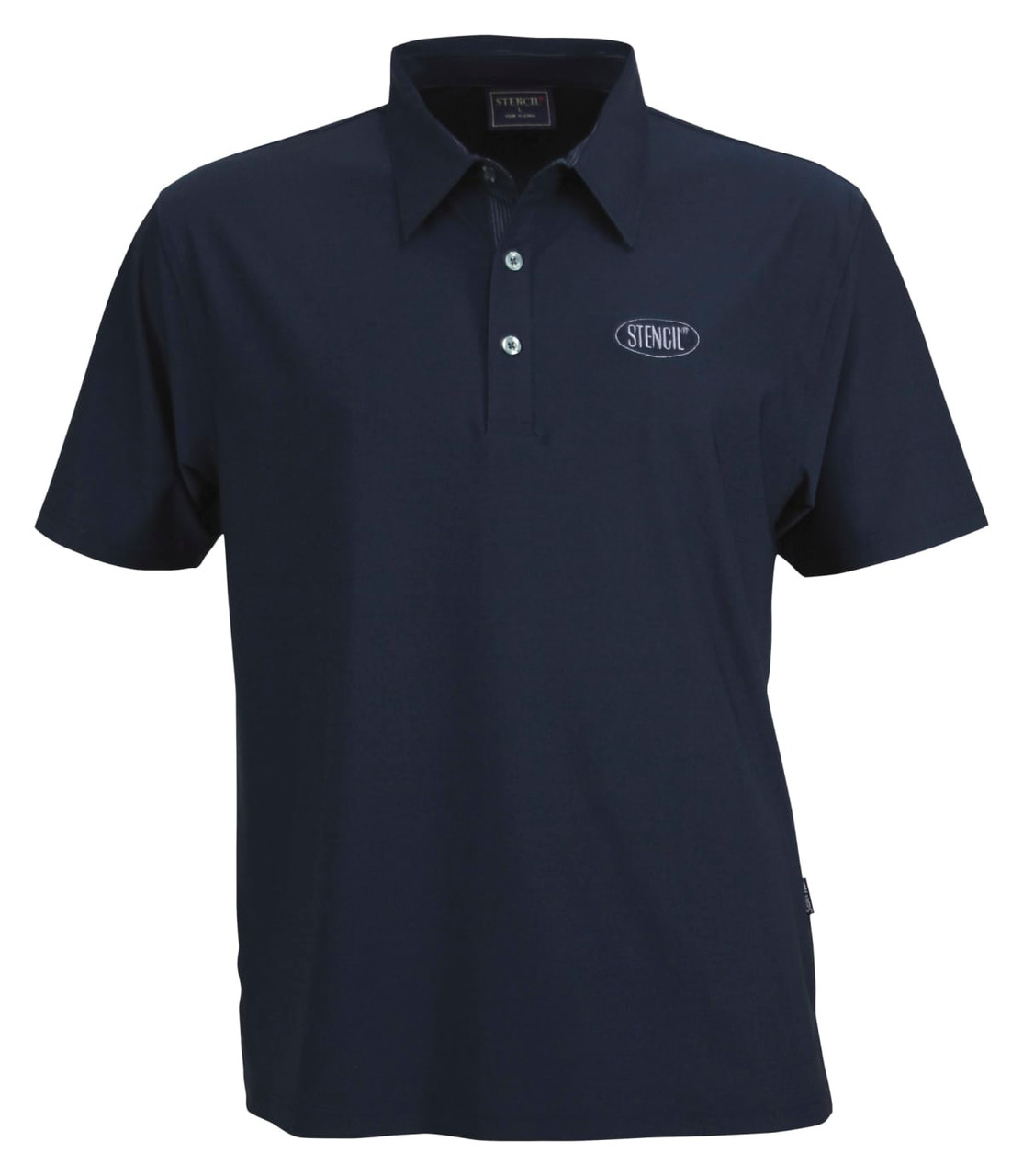 A navy polo shirt with a collar, short sleeves, and a logo on the chest.