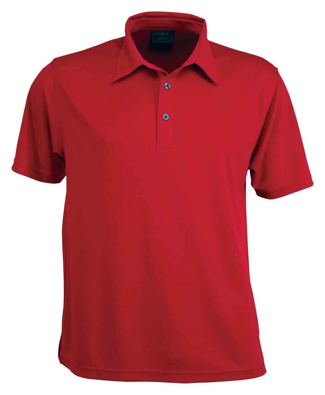 A red men's polo shirt featuring a collar and three-button placket, with a branded tag at the neckline.