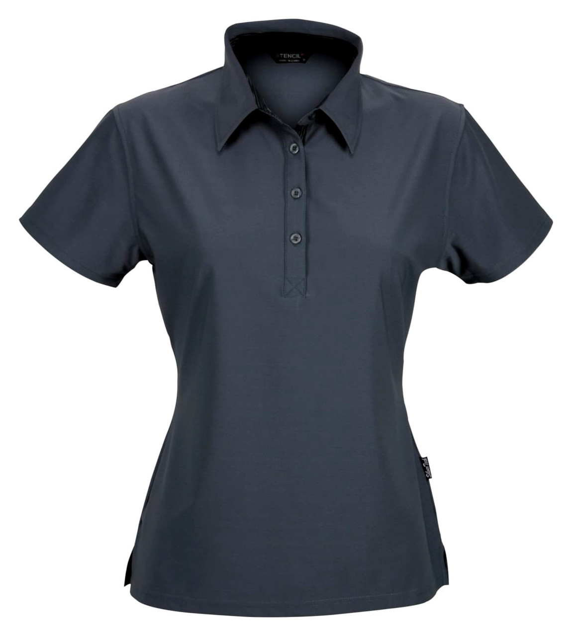 A dark grey ladies' polo shirt with a collar, short sleeves, and a logo. Features a button placket at the front.