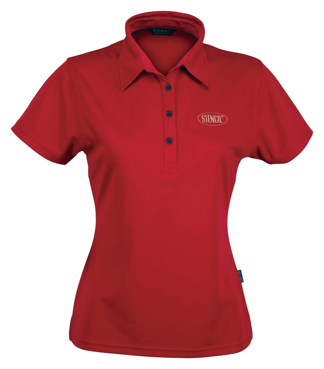A red ladies' polo shirt featuring a collar, buttons, and a logo on the front.