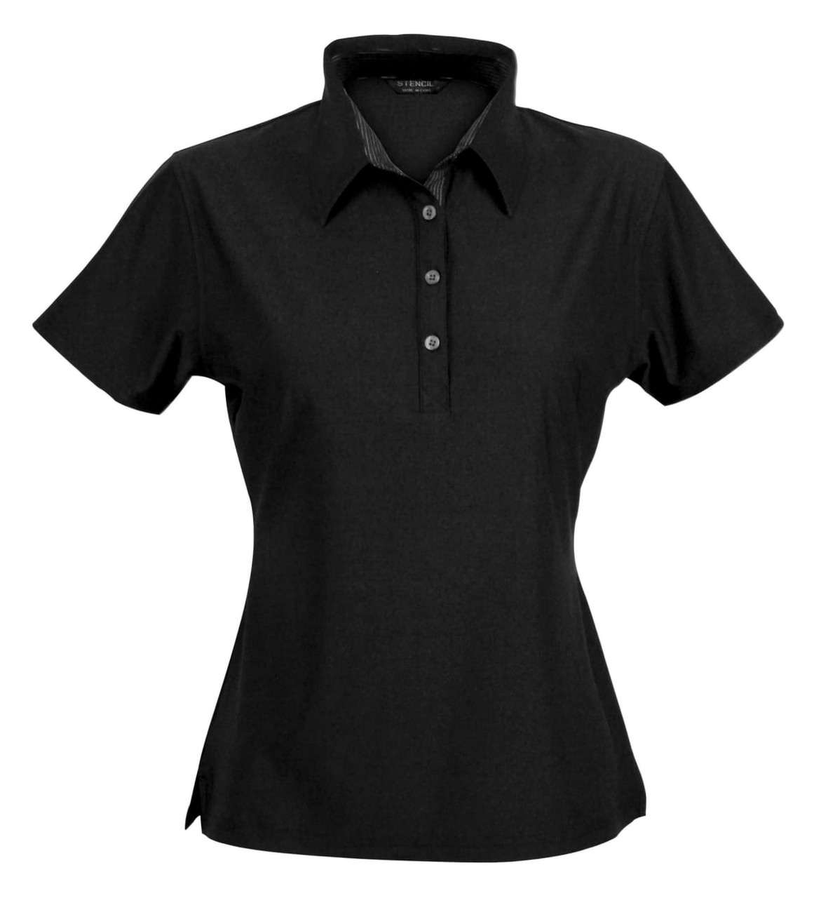 A black ladies' polo shirt with a collared neckline and three buttons, featuring a logo on the chest.
