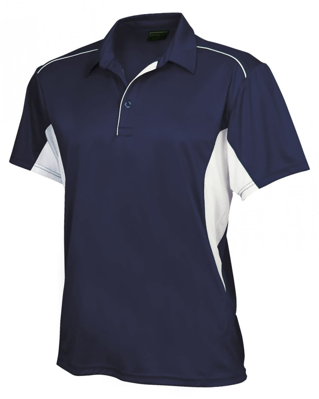 A navy blue polo shirt with white accents and a branding logo on the chest.