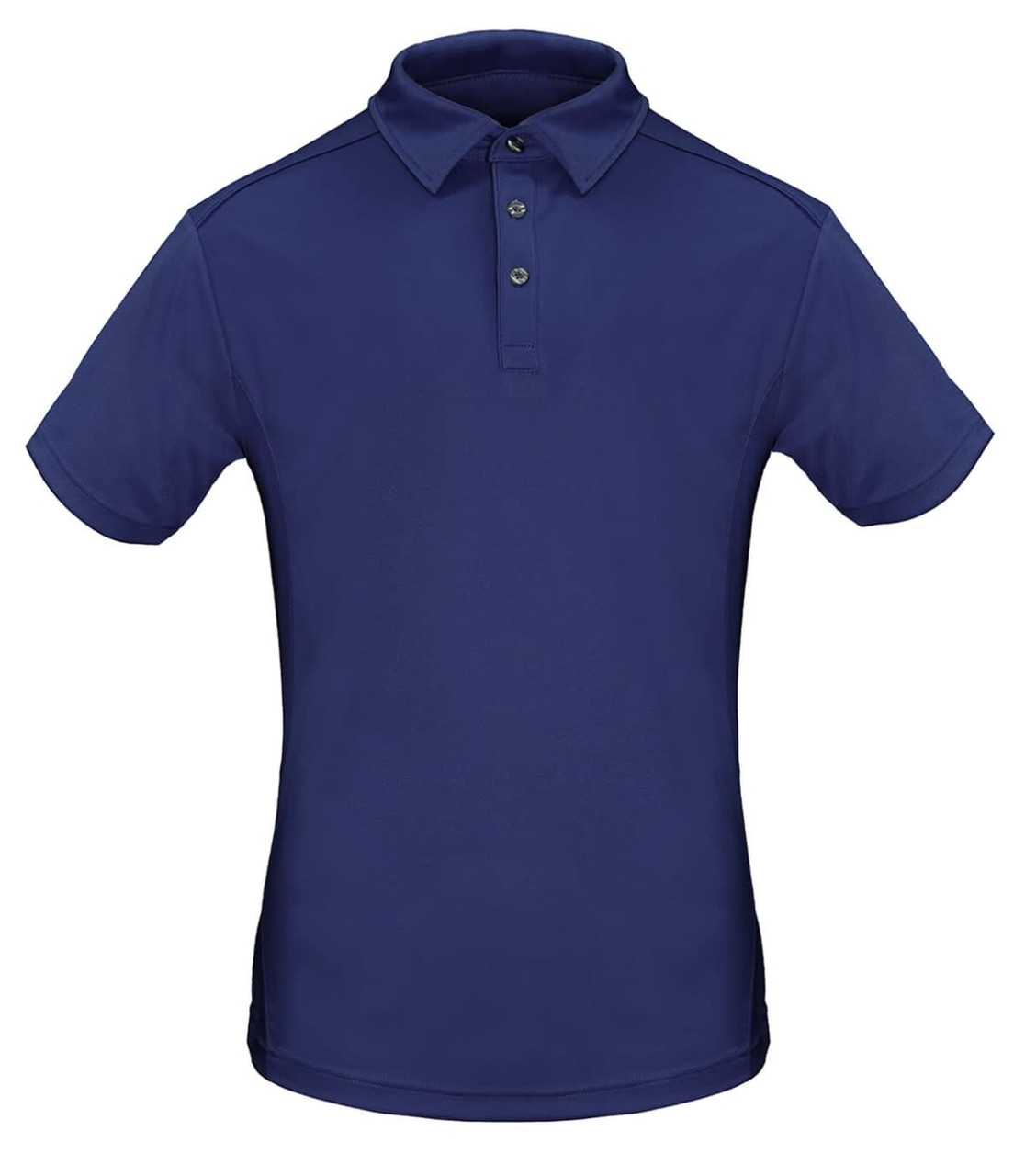 A navy blue men's polo shirt featuring a collar and three buttons, with a logo on the chest.