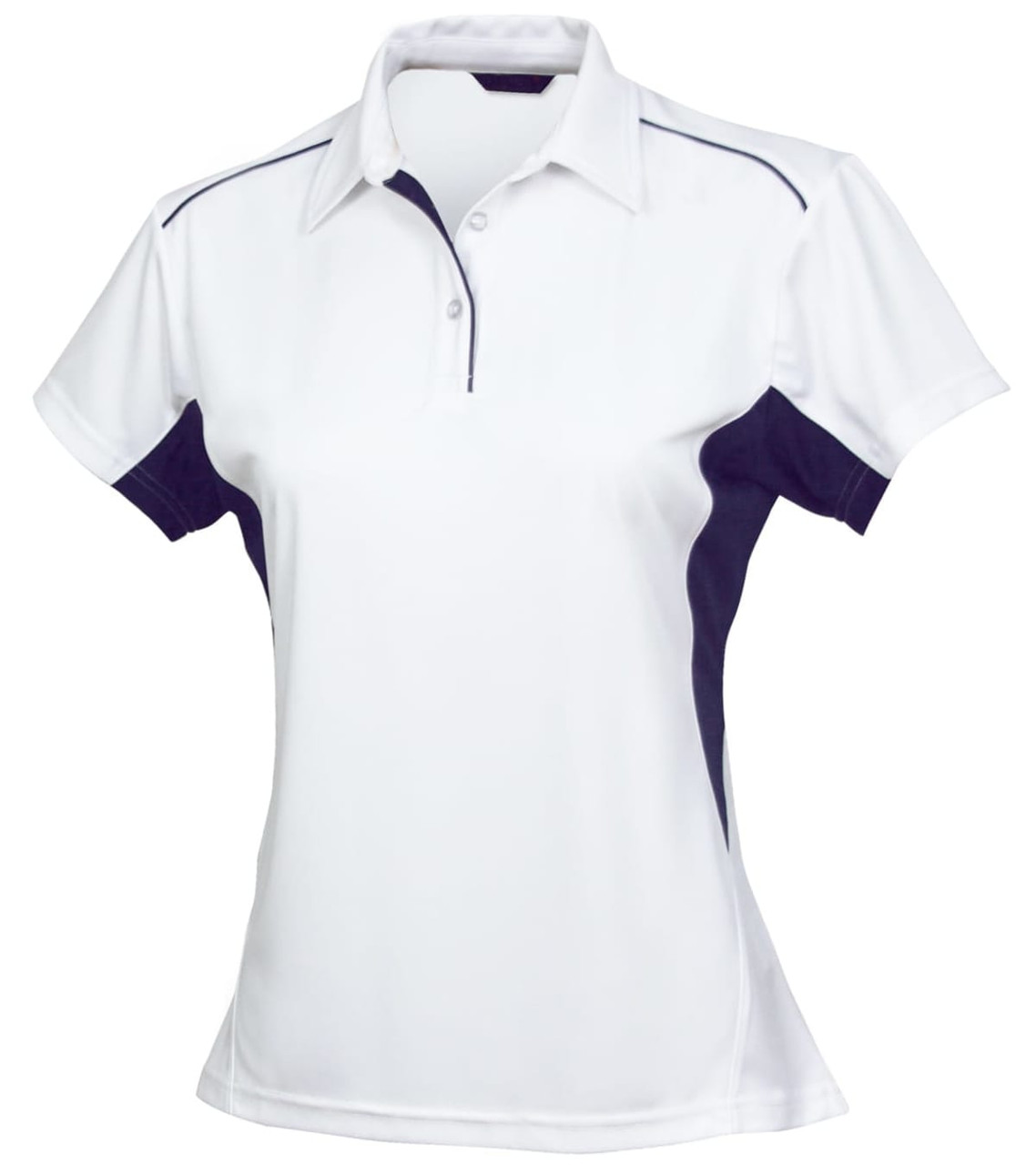 A white polo shirt for ladies featuring navy accents and a three-button placket. It has a branded logo.