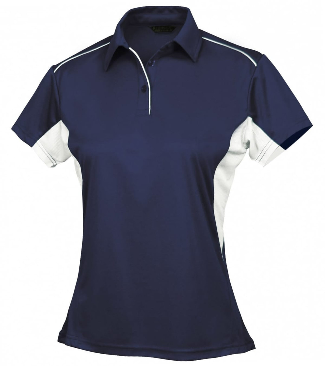 A ladies' polo shirt featuring navy blue and white colours, with a logo present on the garment.
