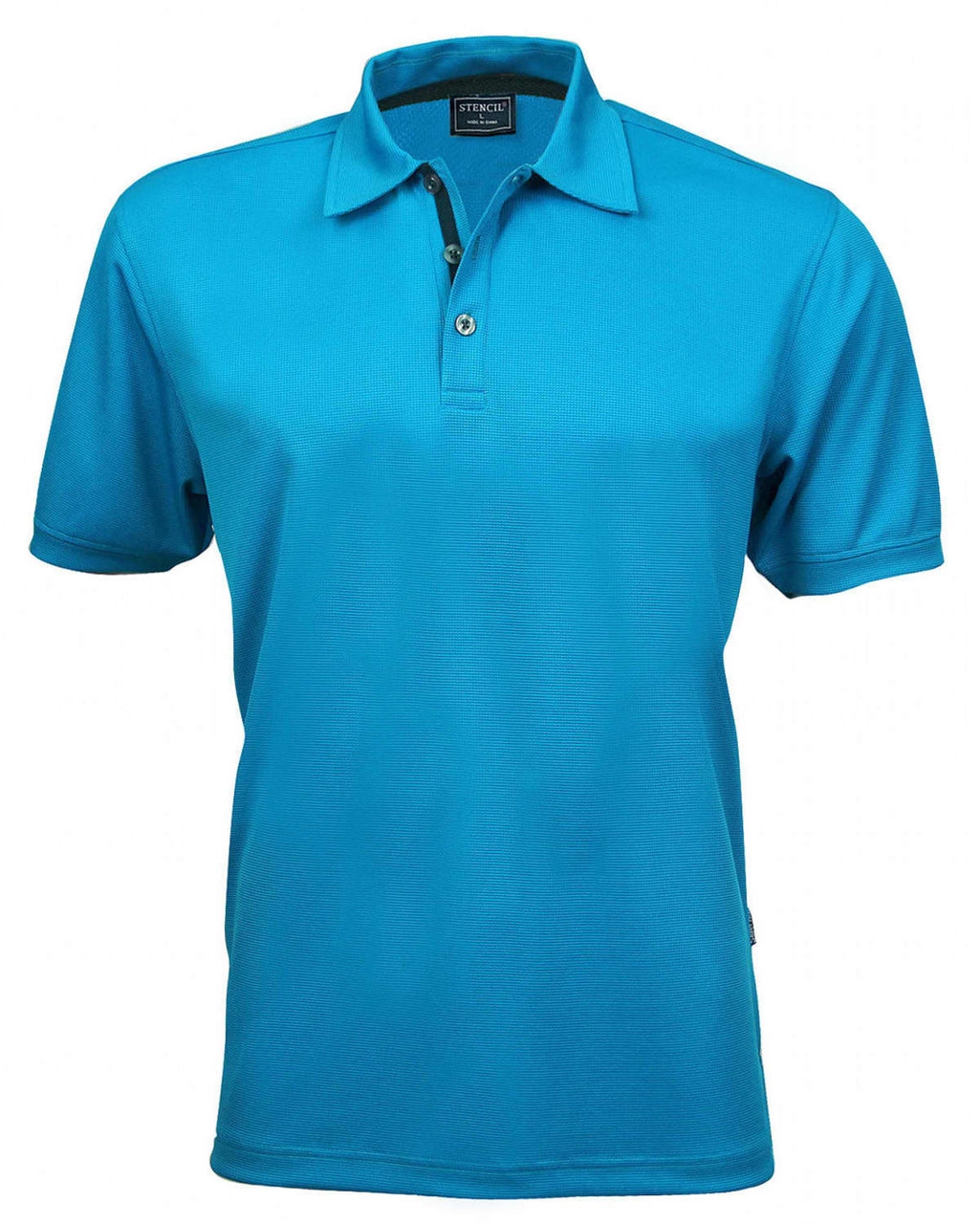 A turquoise polo shirt featuring a collar and a single button placket. It has a logo on the chest.