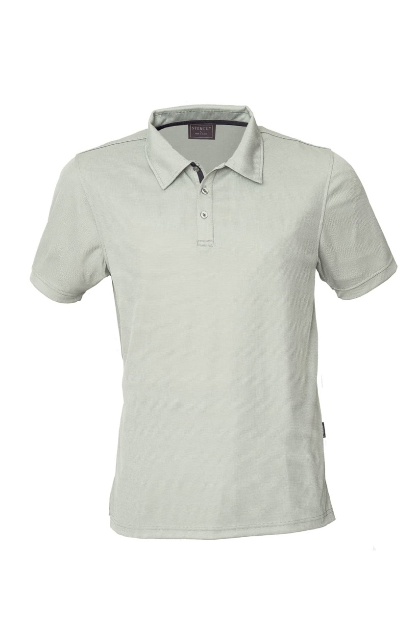 A light grey polo shirt with a collar and three-button placket, featuring a tag on the side.