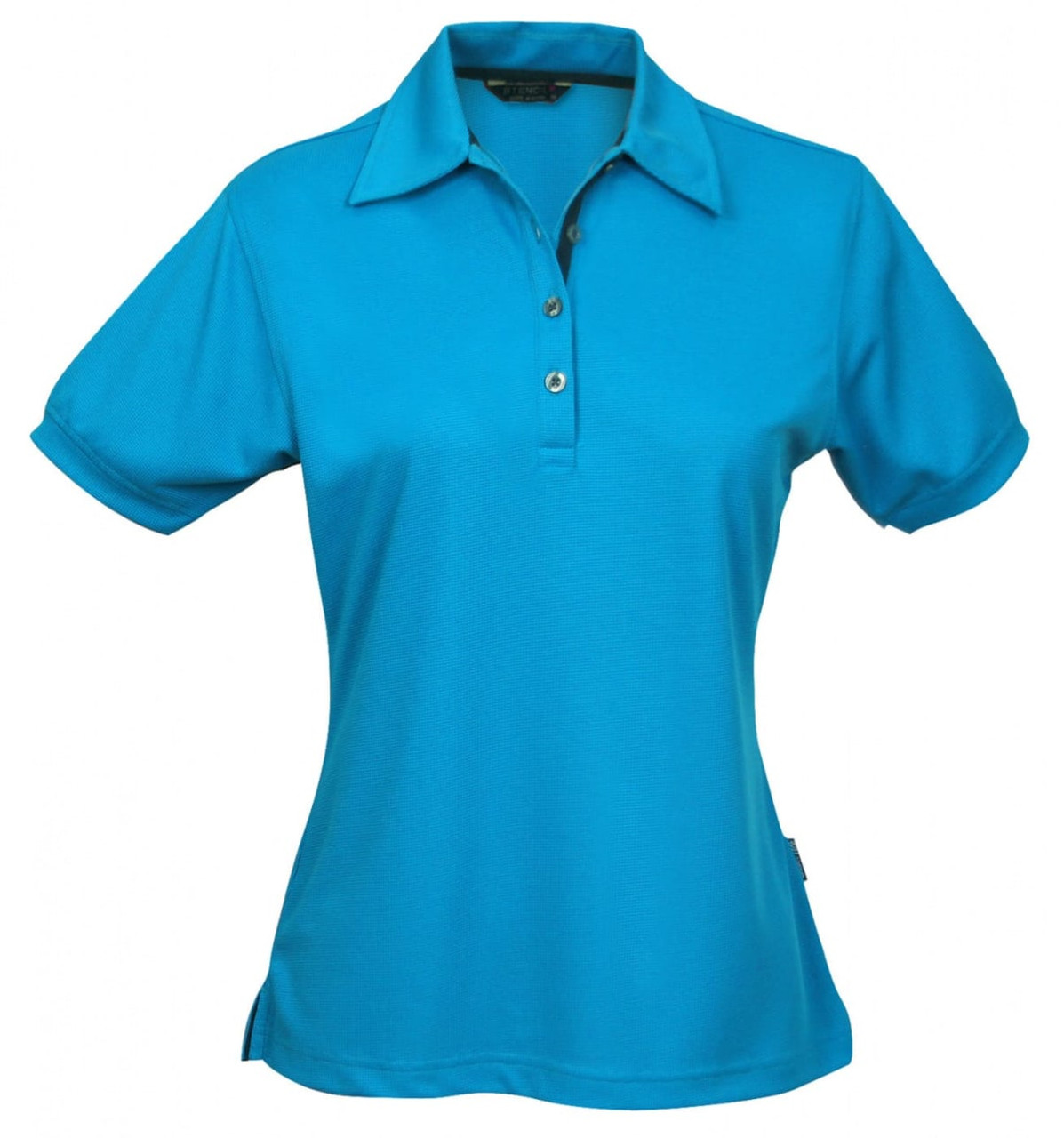 A turquoise polo shirt for ladies featuring a collared neckline and button front, with a branded logo.