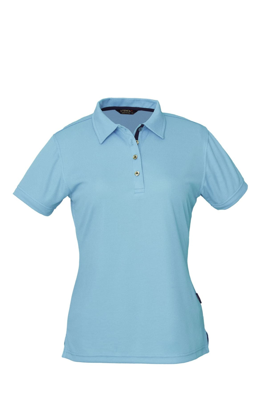 A light blue women's polo shirt with a collar, featuring three buttons and a logo on the side.