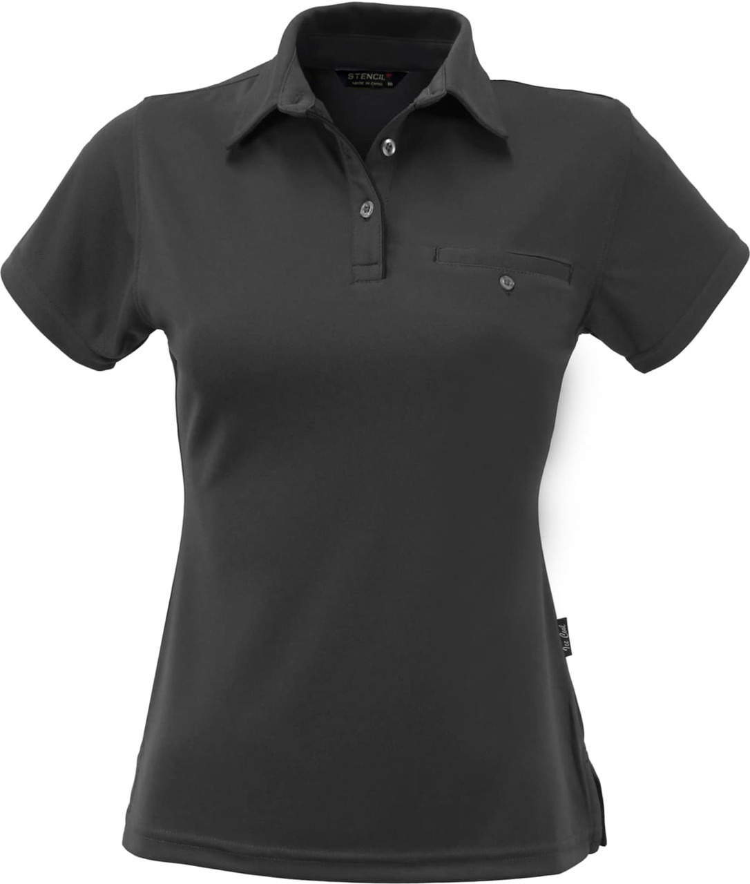A black ladies' polo shirt featuring a collar, short sleeves, and a chest pocket. It has a logo on the collar.