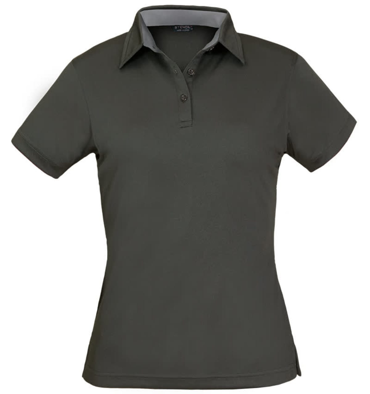 A dark green polo shirt for ladies featuring a classic collar and short sleeves. It has a logo on the chest.
