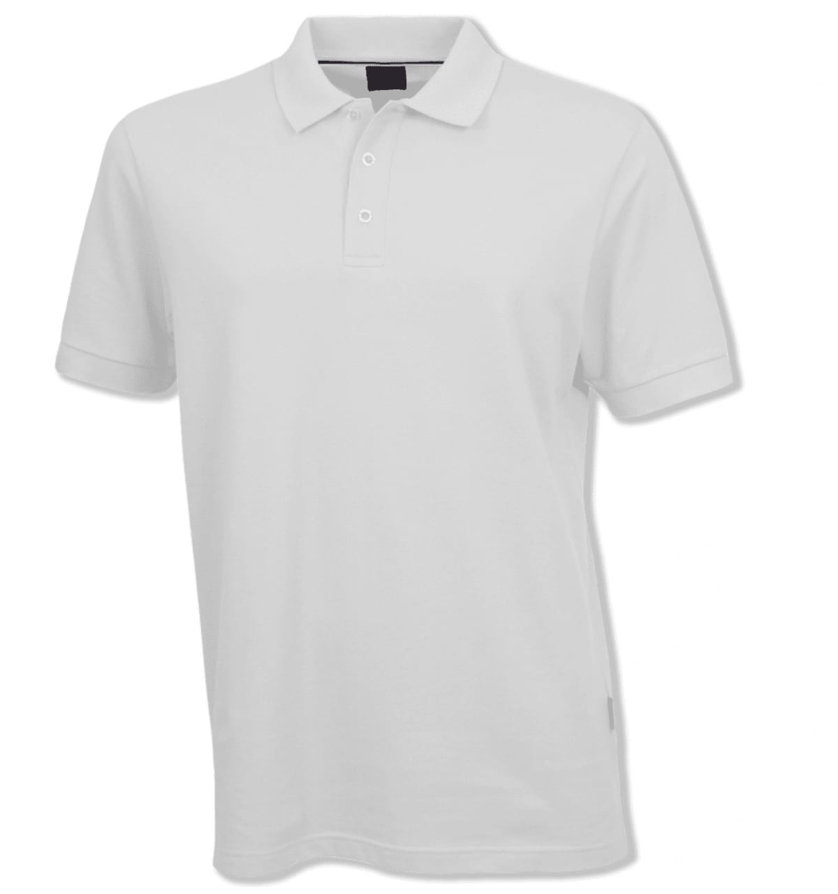 A plain white men's polo shirt with a collar and three buttons, featuring a small logo.