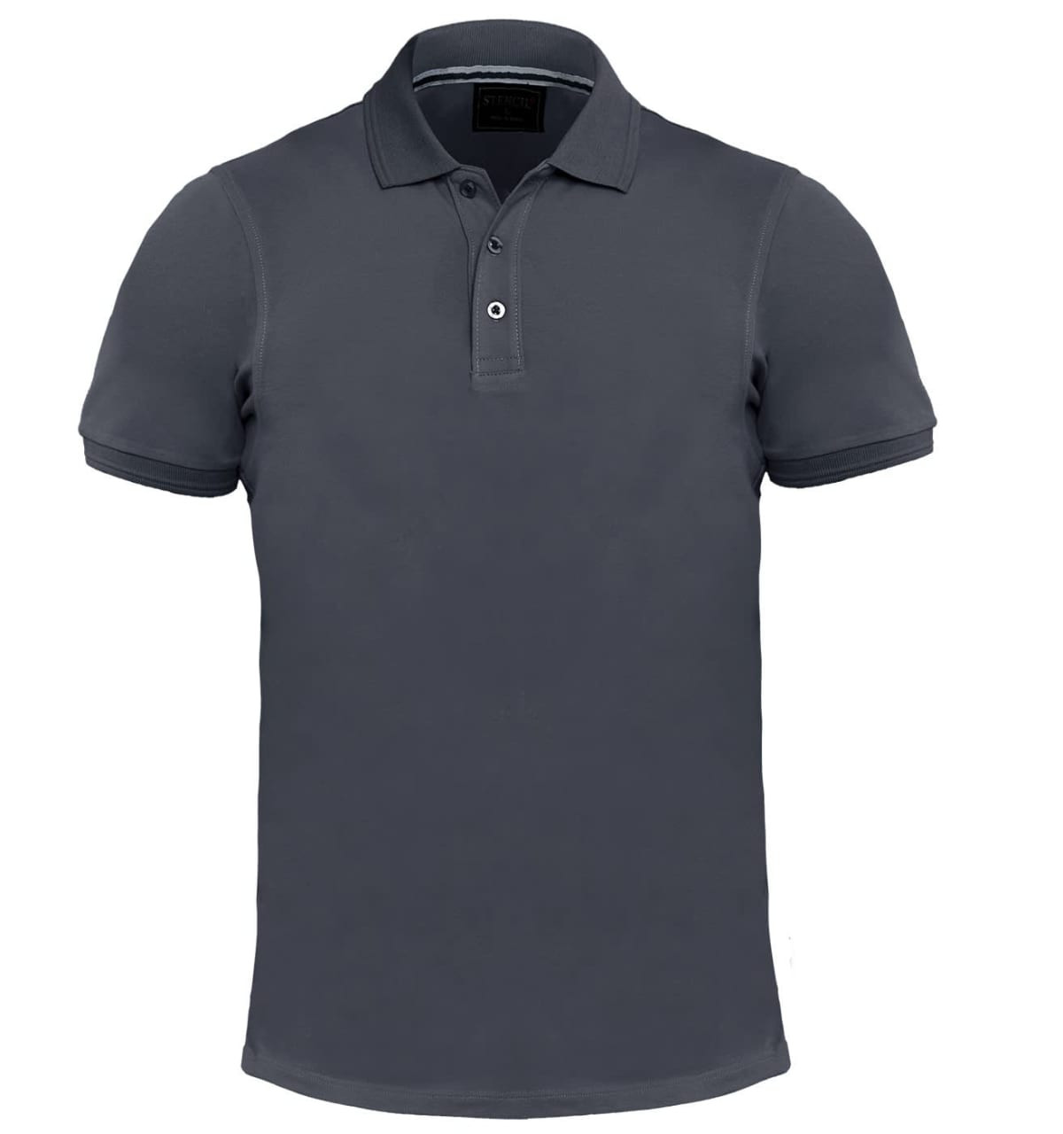 A grey men's polo shirt with a collar, three buttons, and a logo on the chest. Suitable for casual wear.