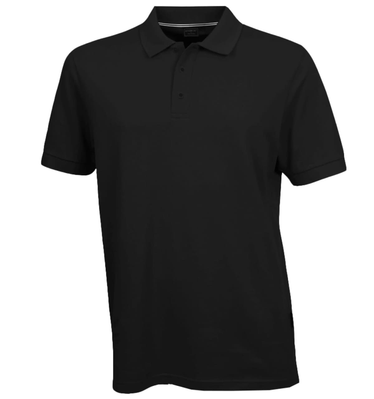 A black polo shirt with a collar and short sleeves, featuring a logo.