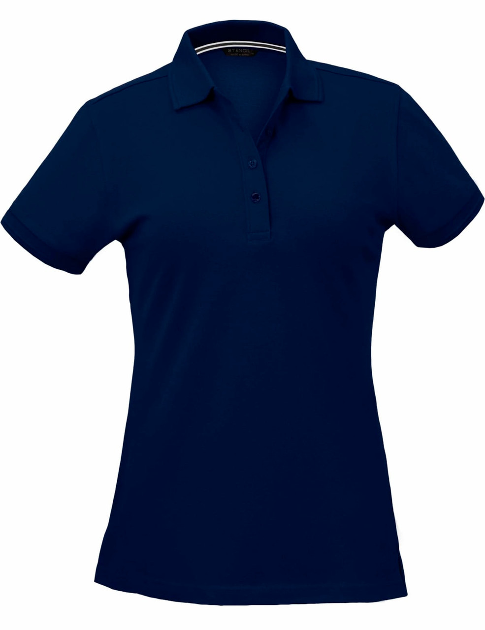 A navy blue ladies' polo shirt with a collared neckline and buttons, featuring a logo.