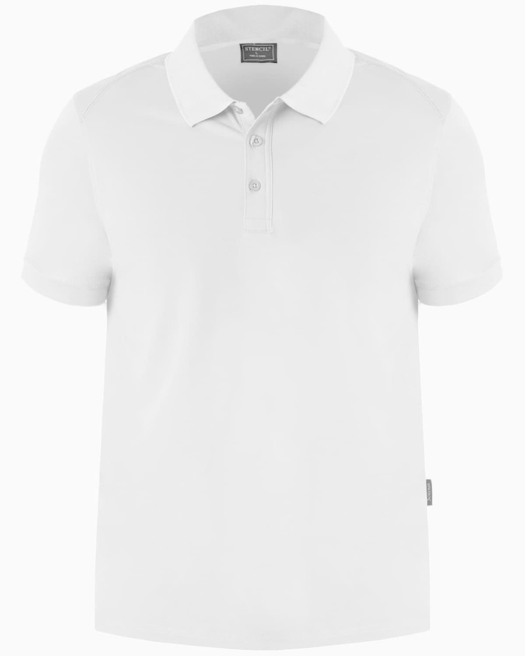 A white men's polo shirt with a collar and a logo on the chest.