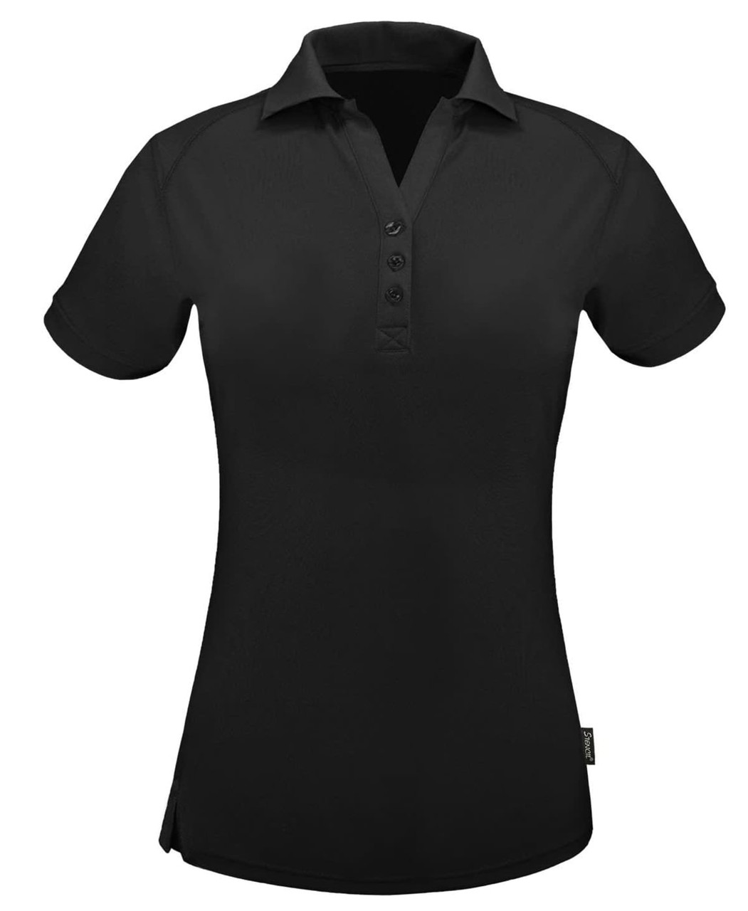 A black ladies' polo shirt featuring short sleeves, a collar, and a button placket. The shirt has a logo.