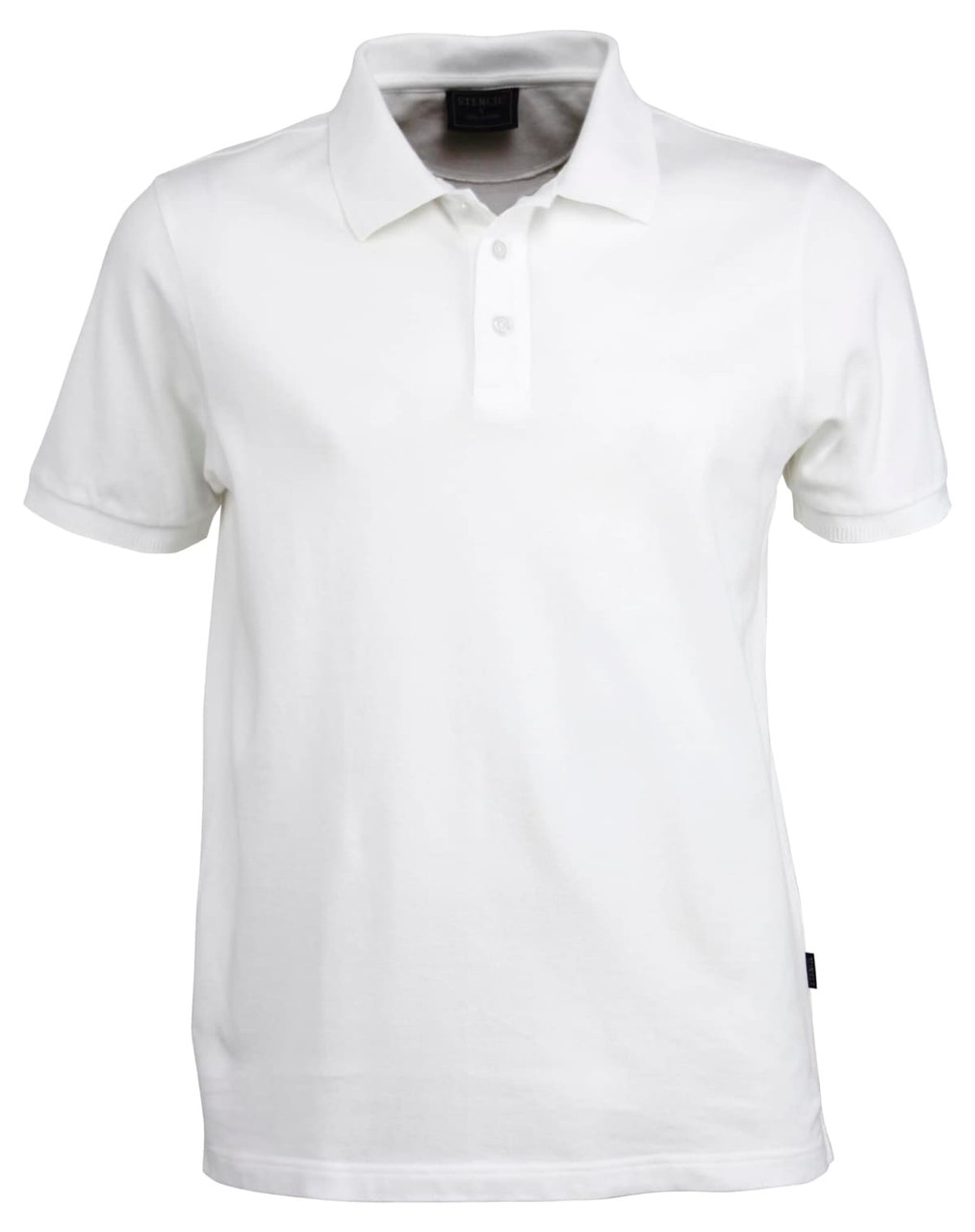 A white men's polo shirt with a collar and three-button placket, featuring a logo on the side.