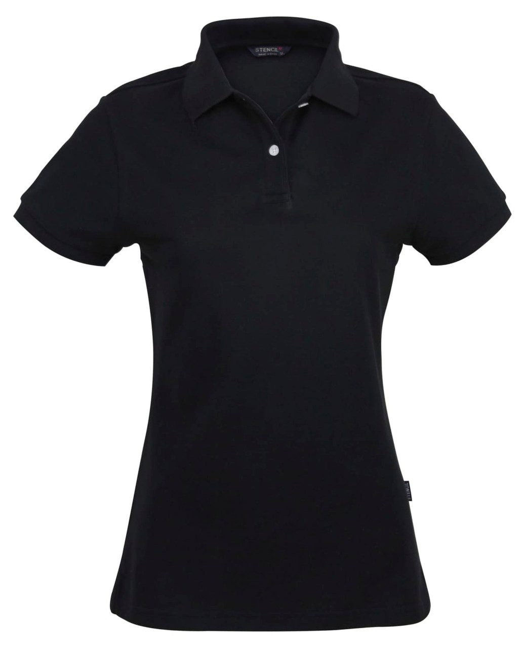 A black ladies' polo shirt with a collar and button placket, featuring a logo on the side.