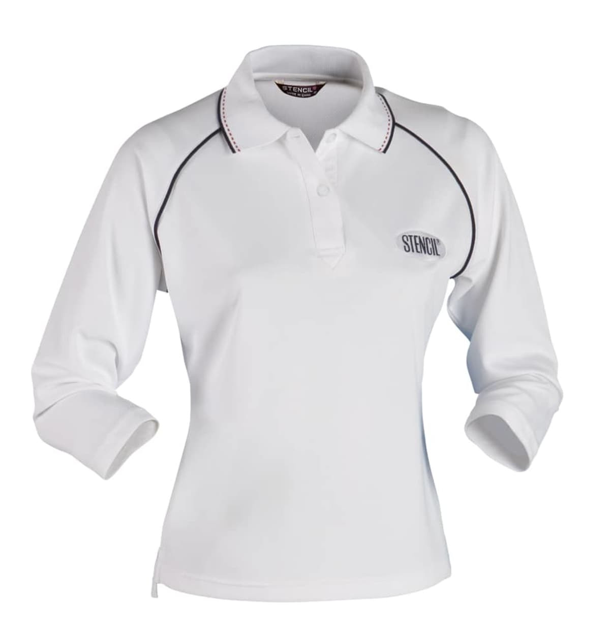 A white long-sleeve polo shirt for ladies with contrasting trim and a logo on the chest.