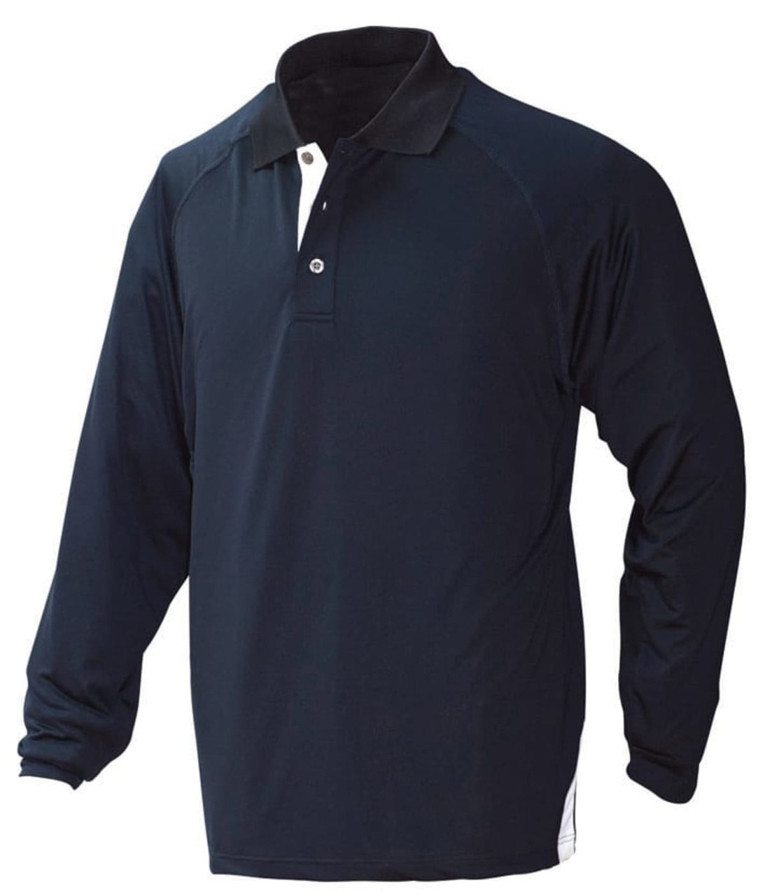 A long-sleeved men's polo shirt in navy blue with a contrasting collar and a logo on the chest.