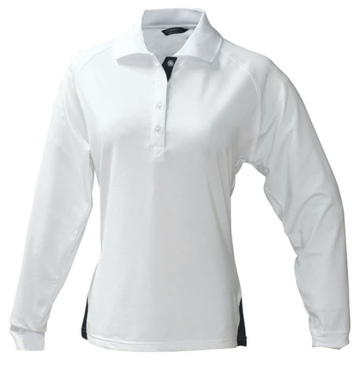 A long-sleeved ladies' polo shirt in white with a dark side panel and a collar, featuring a logo.