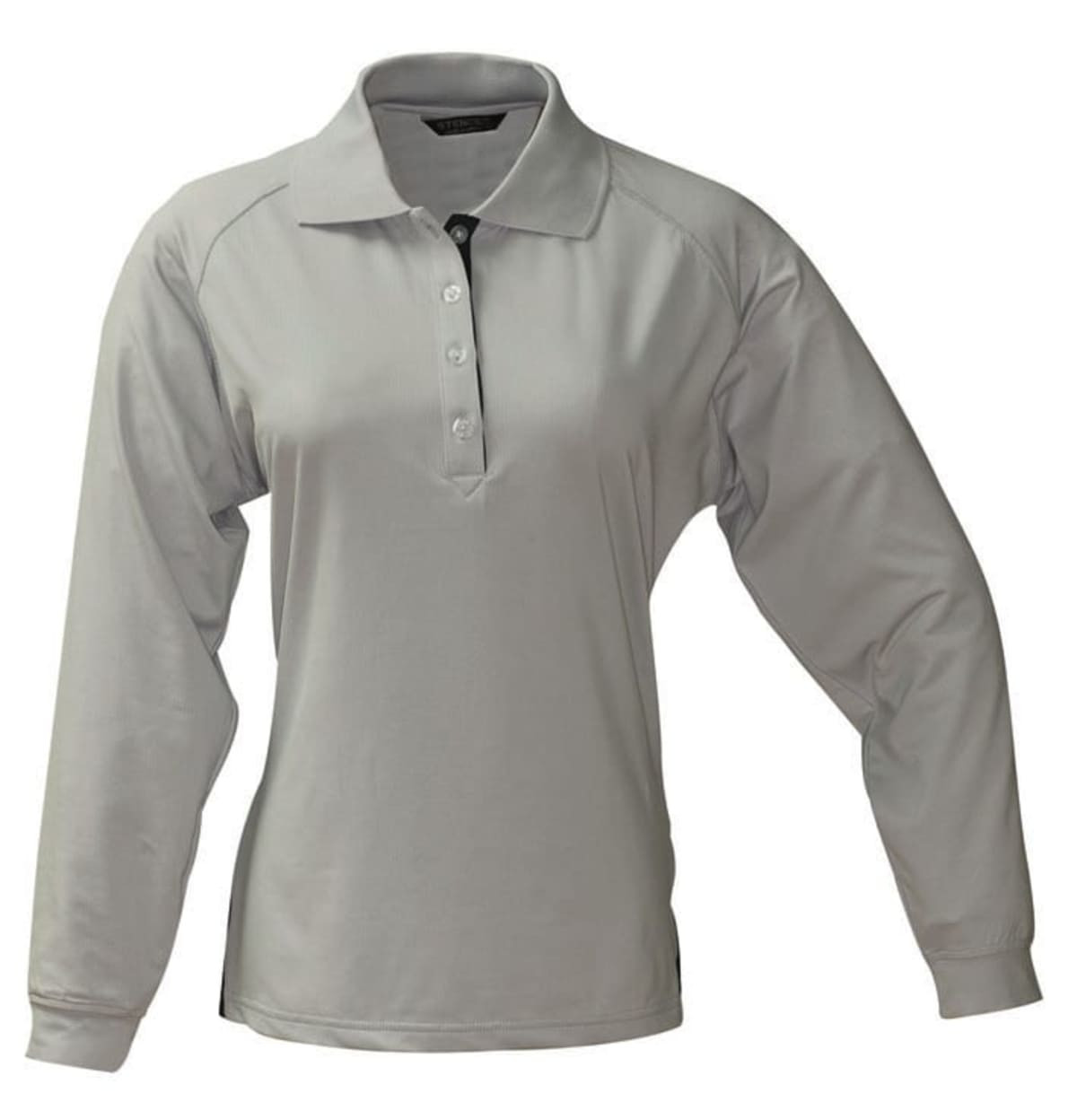 A light grey long-sleeve polo shirt for women with a collar and buttons, featuring a logo.