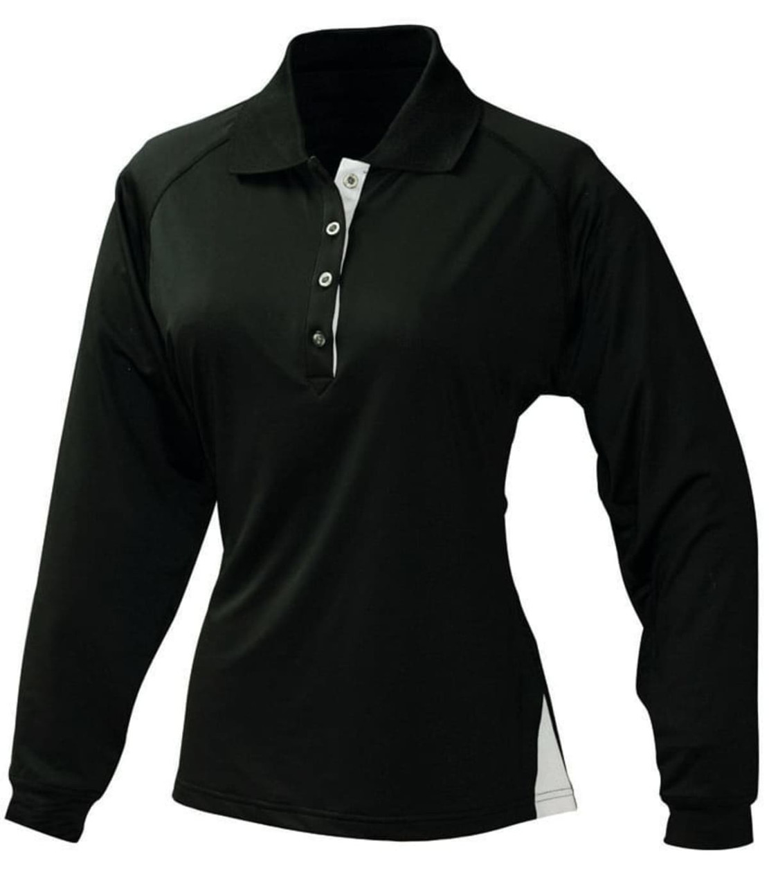 A long-sleeve ladies polo shirt in black with a white accent and a button-up collar. It features a logo.
