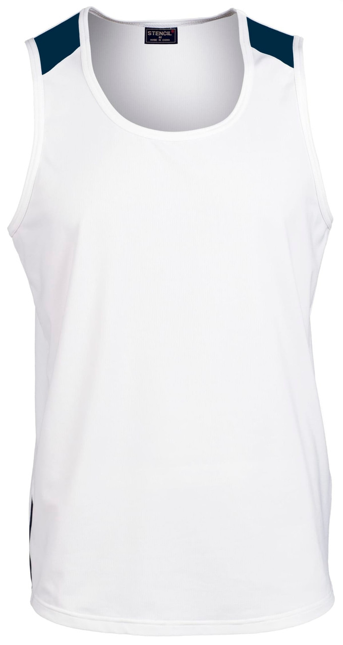 A white men's singlet with navy blue accents on the shoulders, featuring a logo.
