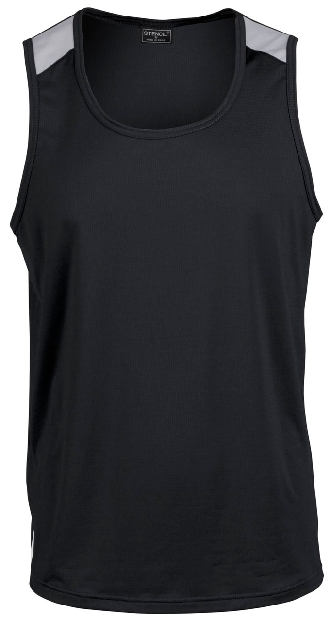 A black men's singlet featuring grey panel accents on the shoulders and a logo.