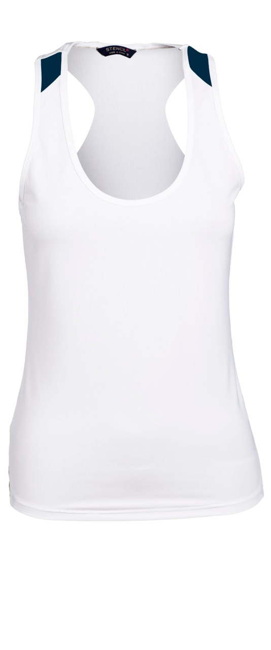 A ladies' sports singlet in white with navy shoulder accents and a branding logo on the neckline.