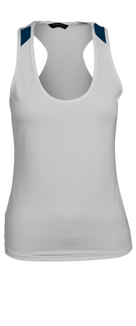 A ladies' sports singlet in white with blue accent straps, featuring a fitted design and a logo.