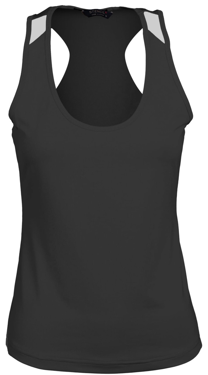 A black ladies' sports singlet featuring a racerback design and reflective accents on the shoulders.
